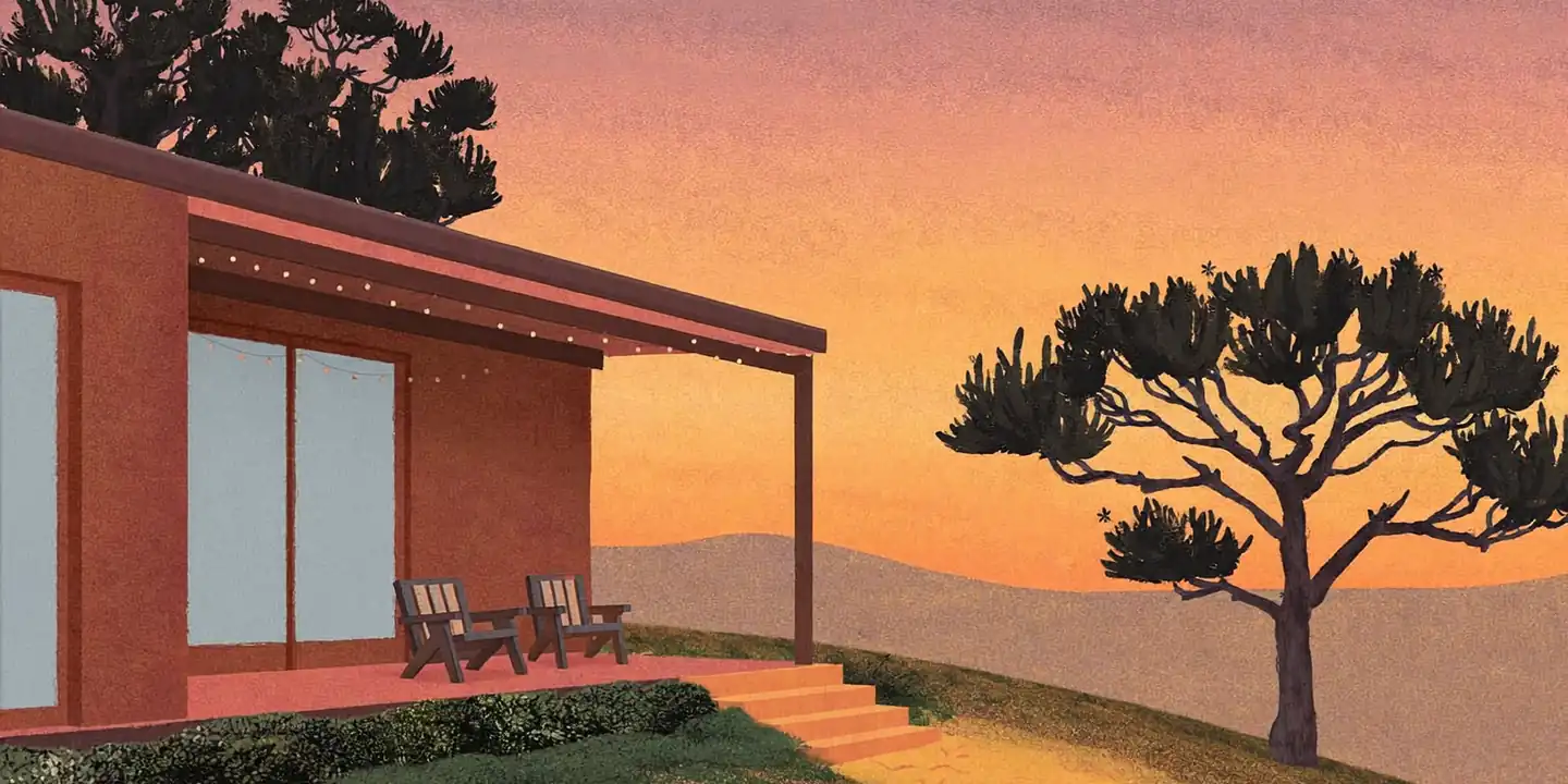 Illustration: a terracotta vacation rental with a lit porch and two chairs at dusk.